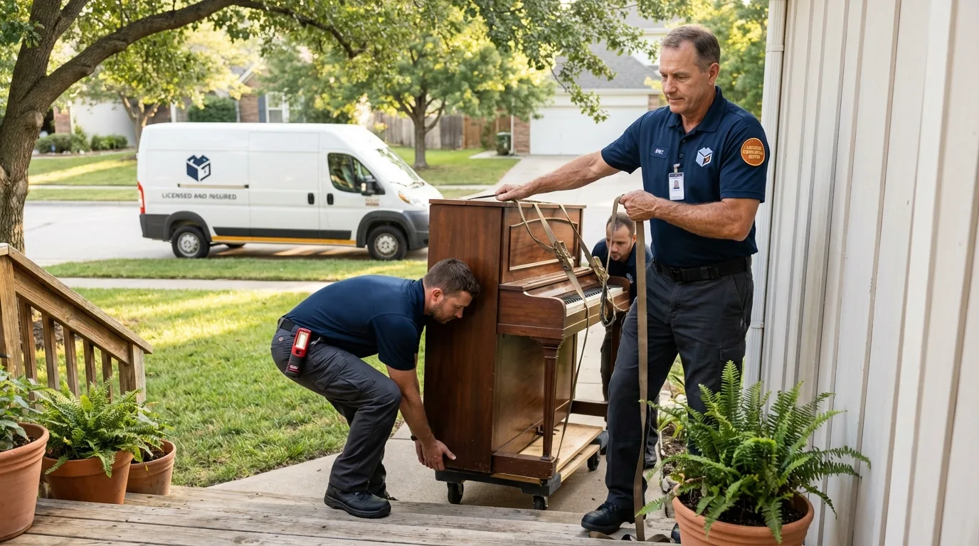 Licensed piano movers securing grand piano in Shell Rock, IA