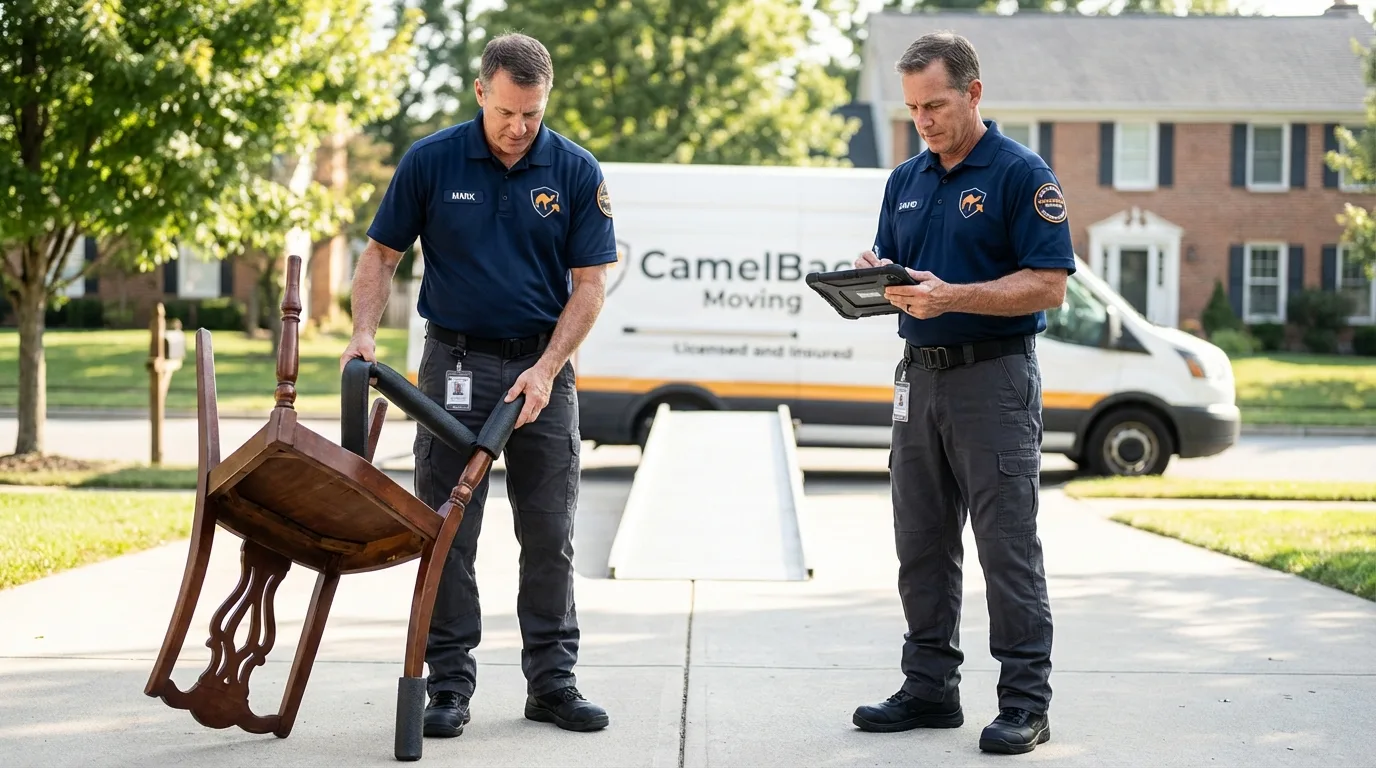 Movers inspecting furniture for damage prevention before loading in Shell Rock, IA