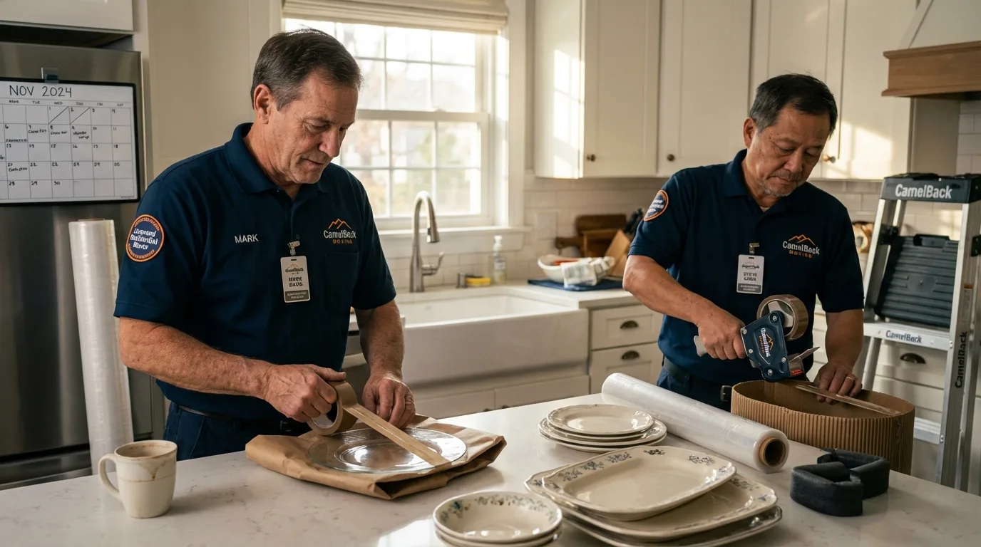 Professional crew packing kitchen dishware in Shell Rock, IA